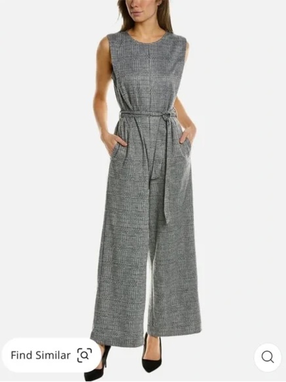 Max Studio Black Gray Plaid Wide Leg Sleeveless Jumpsuit Women’s Medium Tie Belt